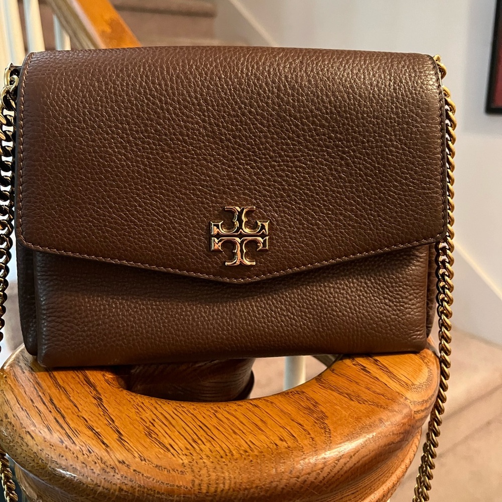 Tory Burch Kira Pebbled Leather Convertible Crossbody Bag in Brown with Gold
